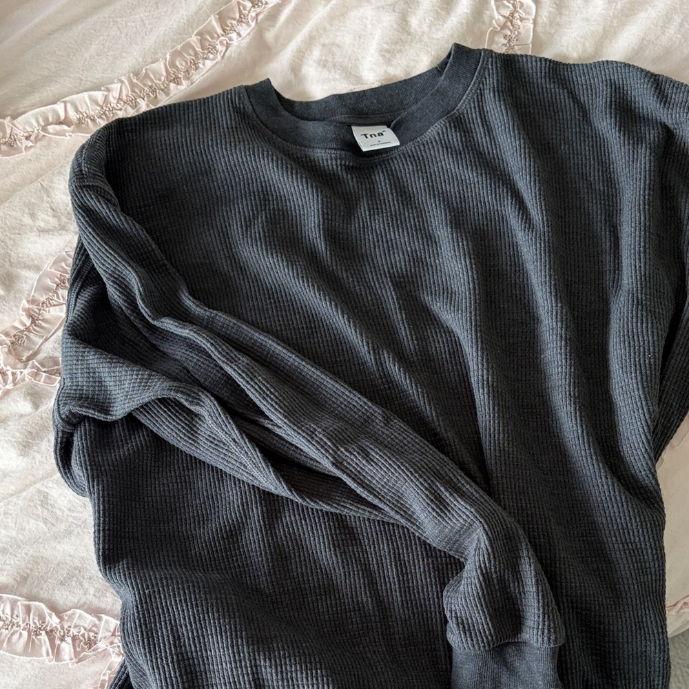 TNA Charcoal Waffle-Knit Long Sleeve Crew